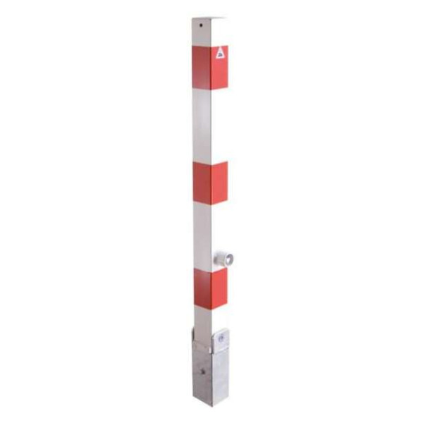 Neerklapbare afzetpaal rood/wit met hef-kantelmechanisme en driehoeksluiting beton incl. grondkoker